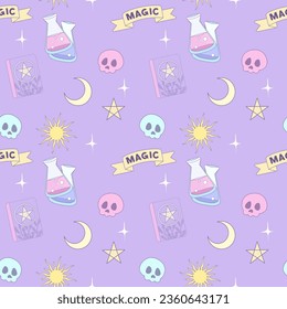 Mystical seamless pattern on purple background with skull moon poison, sun, star, magic