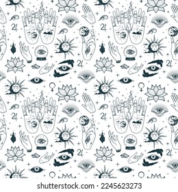 Mystical seamless pattern with palmistry hands, all-see eyes and other esoteric symbols. Hand drawn vector illustration for textile, background, texture, wrapping paper, witchcraft and magic shop