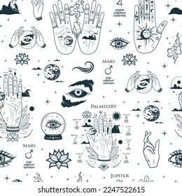 Mystical seamless pattern with palmistry hands, all-see eyes and other esoteric symbols. Hand drawn vector illustration for textile, background, texture, wrapping paper, witchcraft and magic shop