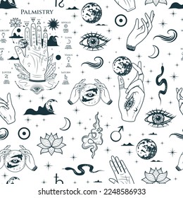 Mystical seamless pattern with palmistry hands, all-see eyes and other esoteric symbols. Hand drawn vector illustration for textile, background, texture, wrapping paper, witchcraft and magic shop