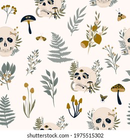 Mystical seamless pattern with plants, herbs, mushrooms, insect and skull. Editable vector illustration.