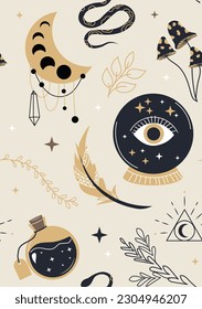 Mystical seamless pattern. Repeating design element for printing on fabric. Feather, snake, eye and flask with potion or poison. Witchcraft and sorcery, magic. Flat vector illustration