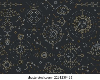 Mystical seamless pattern. Repeating template with magical astrological elements, moon, sun, constellations and occult symbols. Design for printing on fabric or paper. Cartoon flat vector illustration