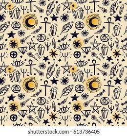 mystical seamless pattern, sketch magic symbols, vector illustration
