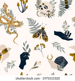 Mystical seamless pattern with skull, snake, insect, people hand, plants, herbs, snail and bird. editable vector illustration.