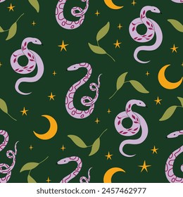 Mystical seamless pattern with snakes and leaves. Vector flat background