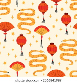 Mystical seamless pattern with snakes, paper lanterns and fans. Vector flat background with chinese or japanese traditional elements and reptiles. Symbol of lunar new year