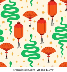 Mystical seamless pattern with snakes, paper lanterns and fans. Vector flat background with chinese or japanese traditional elements and reptiles. Symbol of lunar new year