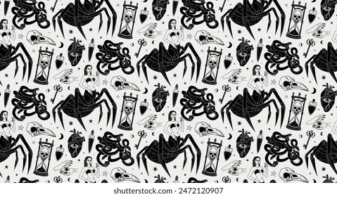 Mystical seamless pattern. Spider Woman. Vector illustration. Half spider. Gothic ornament. Halloween template. hand drawn magical illustrations. The witch and her spell. Graphic background.