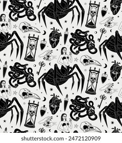 Mystical seamless pattern. Spider Woman. Vector illustration. Half spider. Gothic ornament. Halloween template. hand drawn magical illustrations. The witch and her spell. Graphic background.