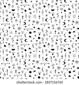 Mystical seamless pattern in the style of hand-drawn graphics. Black print on white background