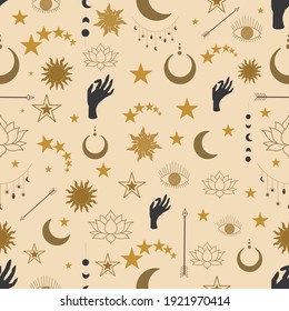 Patrón místico sin fisuras con sol, cresta, flechas, estrellas, ojo, mano y loto. Fondos y fondos de escritorio para tarjetas, tejidos, embalajes, textiles. Ilustración vectorial.