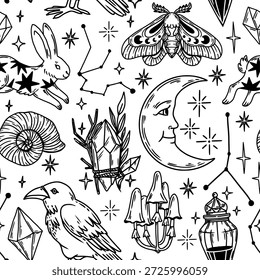 Mystical seamless pattern. Vintage magic background. Hand drawn occult witchcraft elements, gemstones, raven, rabbit, moon, crystals. Halloween esoteric vector print.