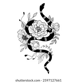 Mystical serpent entwined with celestial flowers in a delicate tattoo design