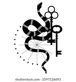 Mystical serpent entwined with keys in celestial doodle silhouette art