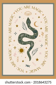Mystical serpent illustration in hand drawn boho style with inspirational quote. Fantasy concept mythical creature, esoteric elements. Perfect for card, posters, t-shirt graphic.