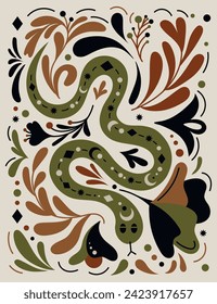 Mystical serpent illustration in hand drawn boho style with floral elements. Fantasy concept mythical creature, esoteric elements. Perfect for tarot cards, posters, t-shirt graphic. Ethnic magic