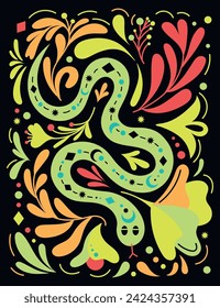 Ilustración de serpiente mística en estilo boho dibujado a mano con elementos florales. Concepto de fantasía, criatura mítica, elementos esotéricos. Perfecto para tarjetas de tarot, carteles, gráficos de camiseta. Magia étnica, neón