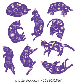 Mystical set of cats in boho style, Silhouette collection. Witchcraft and sorcery. Esoterics and mysticism, occultism. Cartoon flat vector illustrations, isolated