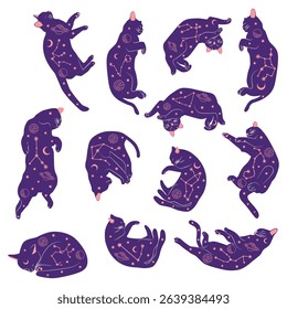 Mystical set of cats in boho style, Silhouette collection. Witchcraft and sorcery. Esoterics and mysticism, occultism. Cartoon flat vector illustrations, isolated
