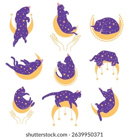 Mystical set of cats in boho style, Silhouette collection. Witchcraft and sorcery. Esoterics and mysticism, occultism. Cartoon flat vector illustrations, isolated