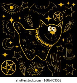 Conjunto místico con un lindo gato, murciélagos, cristales y velas para el diseño creativo de Halloween, ilustraciones mágicas. Vector.