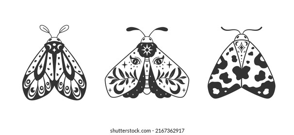 Mystical set of decorative moths. Black outline design. Vector with a slotted pattern. Use this celestial file to create magical prints, posters, stationery, apparel design and other surfaces.