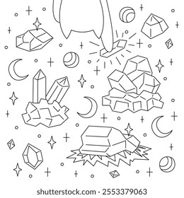 Conjunto místico de diferentes piedras. Ilustración de contorno en blanco y negro.