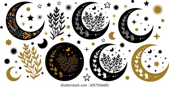 Mystical set with floral moons and stars clipart