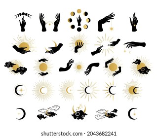 Mystical set with moon and sun. Wicca, alchemy, mystical, magic, celestial, esoteric, sacred, spiritual, occultism inspired concept. Witch hands. Hand drawn vector