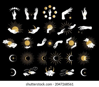 Mystical set with moon and sun. Wicca, alchemy, mystical, magic, celestial, esoteric, sacred, spiritual, occultism inspired concept. Witch hands. Hand drawn vector