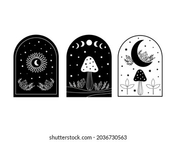 Mystical set with mushrooms and moon. Vector illustration. 