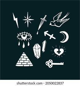 Mystical set symbols, style old school tattoo, witchcraft icons, spiritual signs. Magic esoterica talisman elements. Vector illustration