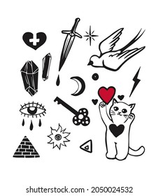 Mystical set symbols, style old school tattoo, witchcraft icons, spiritual signs. Magic esoterica talisman elements. Vector illustration