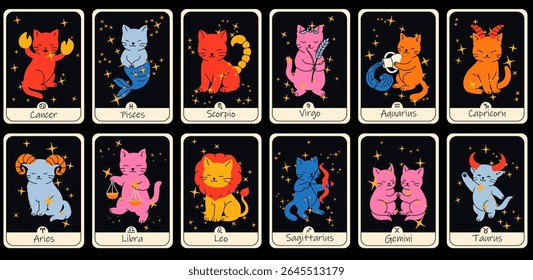 A mystical set of Tarot cards featuring zodiac cats, each card representing a unique astrological sign. 
