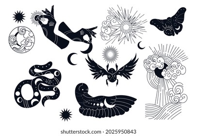 Mystical set of tattoos or stickers. Celestial bodie and animal with esoteric symbols in boho style. Design elements for body decoration and printing. Vintage vector collection on white background