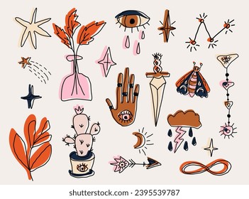 Mystical set of vector celestial esoteric magic elements. Spiritual witchcraft doodle collection