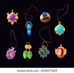 Mystical set. Vector collection of magical 3D elements with precious stones: pendants, pendants, earrings, rings and crystals. Gaming decoration icons on isolated black background.