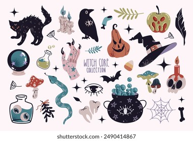 A mystical set of Witch core stickers. Witchcraft aesthetic Bohemian clip art. Perfect for Halloween posters, designs, invitation cards, decoration. 