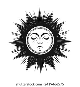 Mystical shining sun with face and rays, heavenly astrology logo, boho icon for zodiac, tarot. Magic vector outline hand drawn illustration isolated on white background.