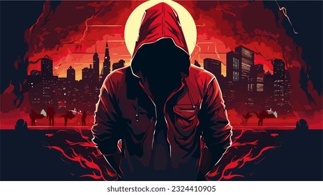 Mystical silhouette of a hooded character. Mysterious cyber hacker red shirt in crime city district and vector gangs.