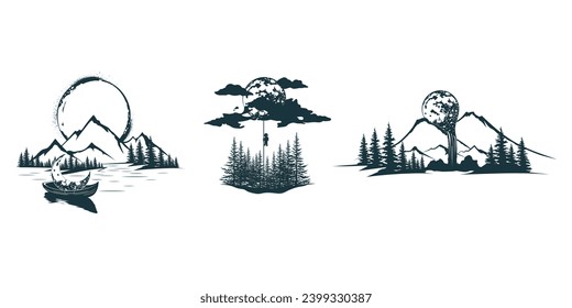 Mystical silhouettes of mountains, forests, moon and other design elements isolated on a white background. Three vector prints for label or tattoo