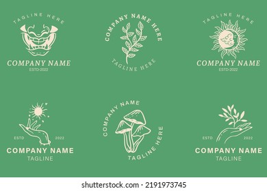 Mystical Simple Cream Minimalist Symbol Logo Collection Green Pastel Style Background.