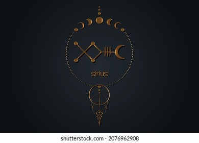 Mystical Sirius star symbol Astrology Alphabet gold sign, Canis Major Hieroglyphic kabbalistic symbols, golden tattoo icon vector illustration isolated on black background