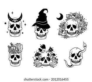 Mystical skull isolated clipart bundle, celestial and floral boho skull collection, moon and flowers, mushroom, snake and cactus human skull set, horror halloween black and white vector illustration