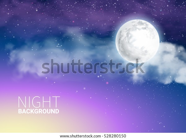 Mystical Sky Full Moon\
Against the background of the galaxy and Milky Way. Moonlight\
night. Realistic clouds. Shining Stars on dark blue sky. Vector\
illustration\
background.