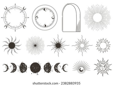 Mystical sky objects - moon phases, sun, stars, astrology elements, magic unreal composition for print, black and white hand drawn space clip arts in vector set