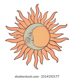 Sinal místico do céu da lua e do sol com a face, eclipse solar, poster zodiacal esotérico vetor, horóscopo, tarô. Símbolo de astrologia, tatuagem boho.