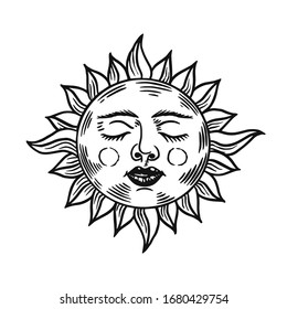 Mystical sleeping sun. Astronomy, alchemy and astrology symbol. Magic Gypsy Vector illustration. Hand drawn engraved doodle sketch. 