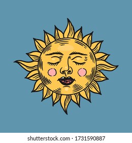 Mystical sleeping sun. Astronomy, alchemy and astrology symbol. Magic Gypsy Vector illustration. Hand drawn engraved doodle sketch for tattoo or t-shirt.. 